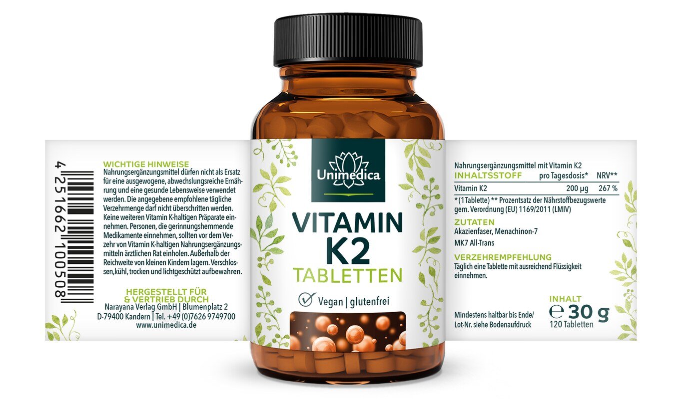 Vitamin K2 - MK7-All-trans - 200 µg pro Tagesdosis (1 Tablette) - 120 Tabletten - von Unimedica