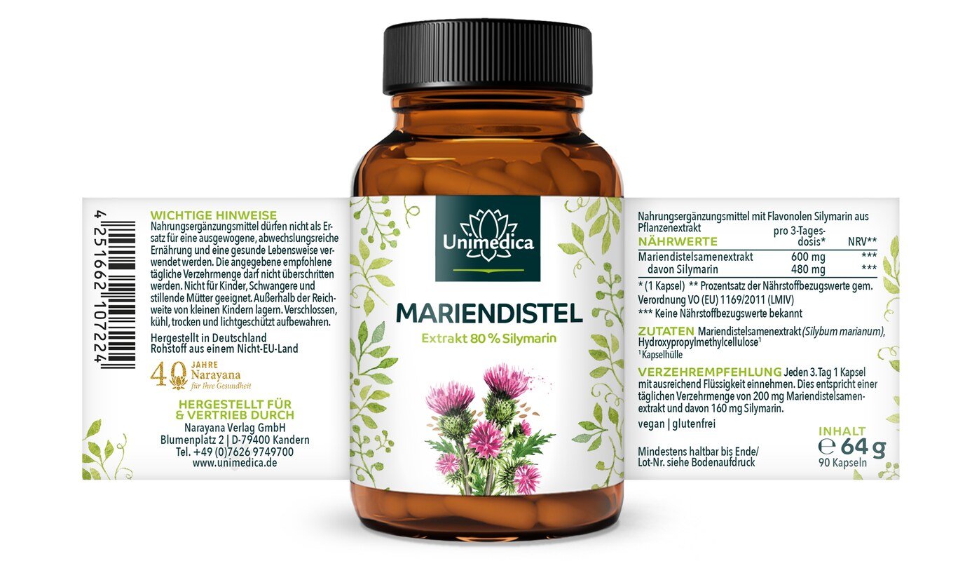 Mariendistel-Extrakt - 480 mg Silymarin pro 3-Tagesdosis (1 Kapsel) - 90 Kapseln - von Unimedica